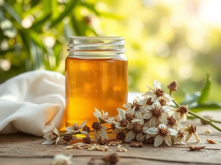 A serene and comforting scene displaying a jar of honey and anise flowers, placed in a natural, well-lit setting, showcasing the calming and natural essence of عسل الينسون, photorealistic, high quality
