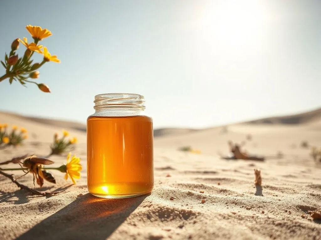High quality, photorealistic desert honey in a natural setting, with sand dunes and flowering plants in the background, showcasing a jar of golden honey reflecting sunlight.