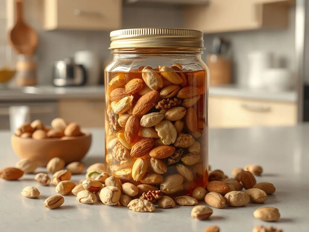 A photorealistic image of a jar of honey mixed with a variety of nuts like almonds, walnuts, and pistachios, set on a clean kitchen counter with a warm natural light ambiance.