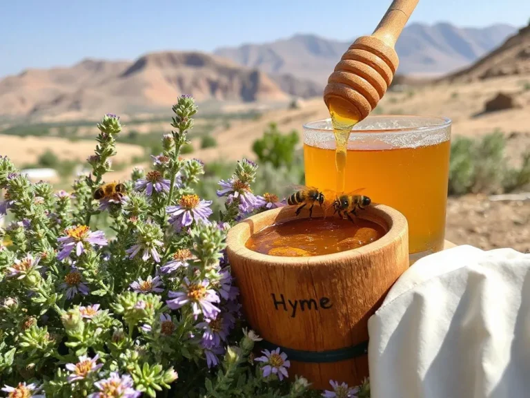 High-quality realistic depiction of thyme honey being collected in a rural Egyptian setting, with bees gathering nectar from thyme flowers, scenic view of mountains in the background, photorealistic, vibrant colors, natural lighting, detailed