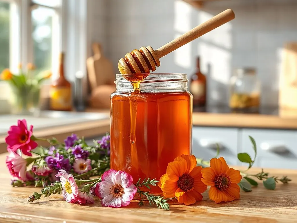 Photorealistic image of a jar of dark amber honey with a honey dipper, surrounded by herbs and flowers, in a sunlit kitchen, high quality, natural lighting, clean background