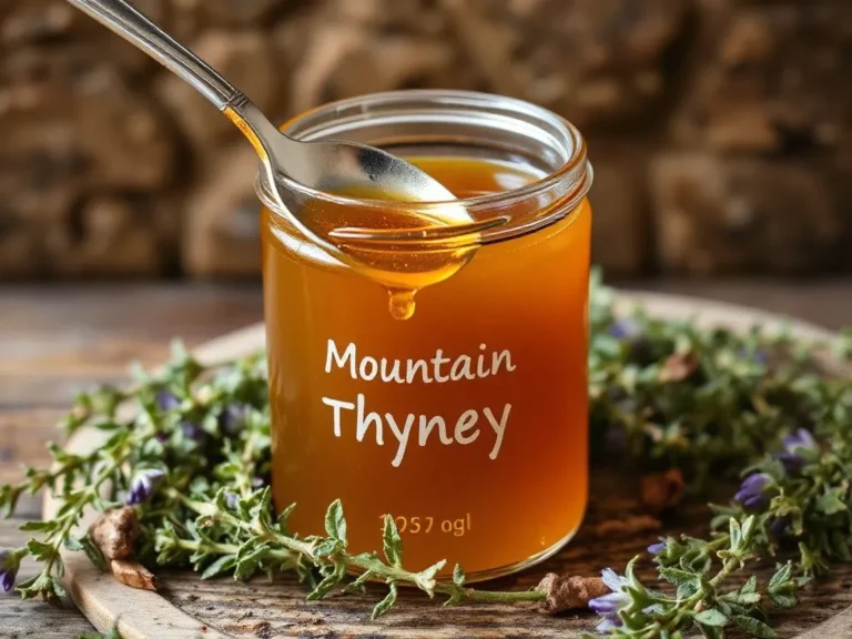 A jar of mountain thyme honey with a spoon dipping into it, showcasing the rich golden color and thick consistency. Surrounded by thyme sprigs in a rustic setting, photorealistic, high quality, professional lighting