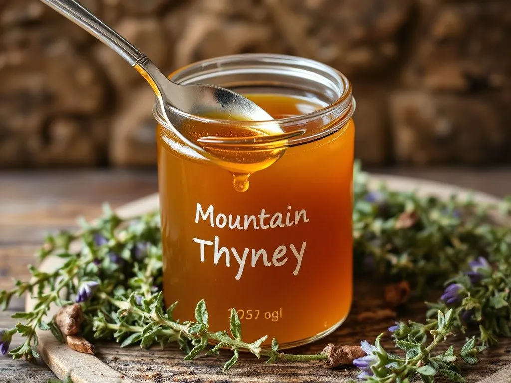 A jar of mountain thyme honey with a spoon dipping into it, showcasing the rich golden color and thick consistency. Surrounded by thyme sprigs in a rustic setting, photorealistic, high quality, professional lighting