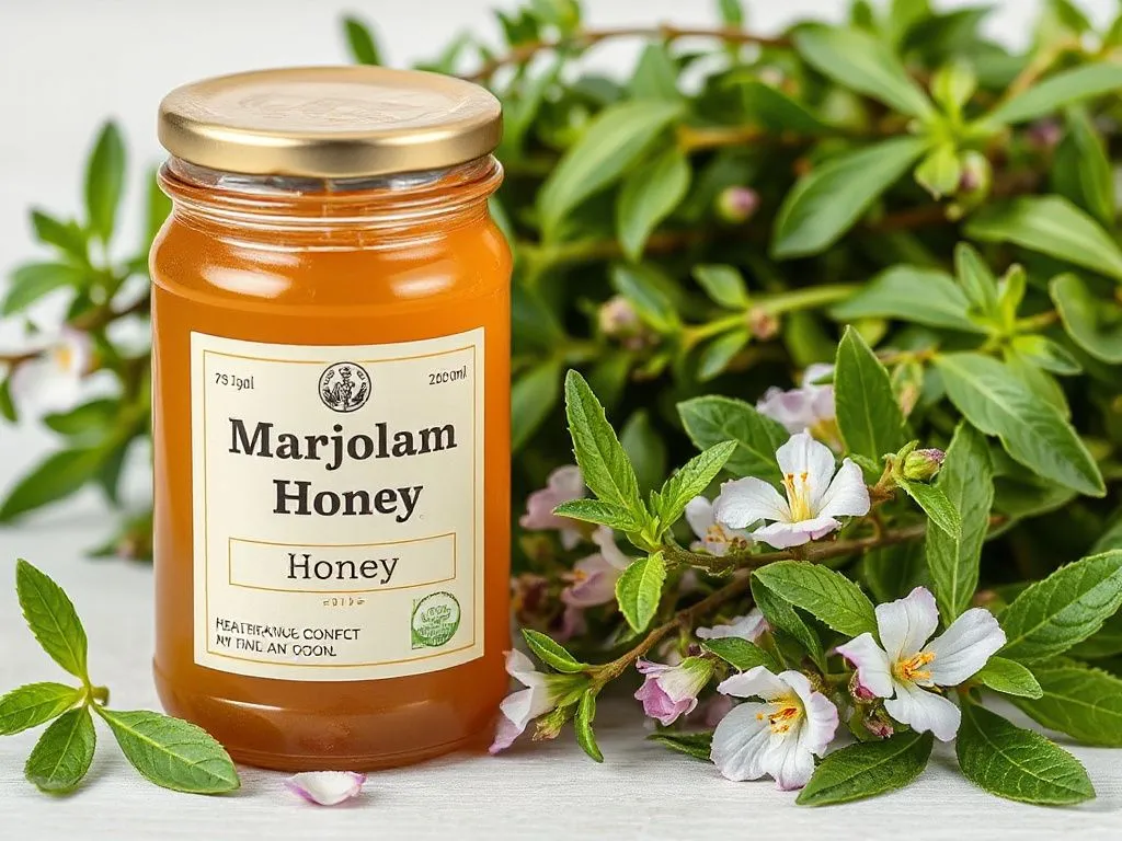 A jar of Marjoram Flower Honey next to fresh marjoram leaves and flowers, photorealistic, high quality lighting, illustrating health benefits and culinary applications