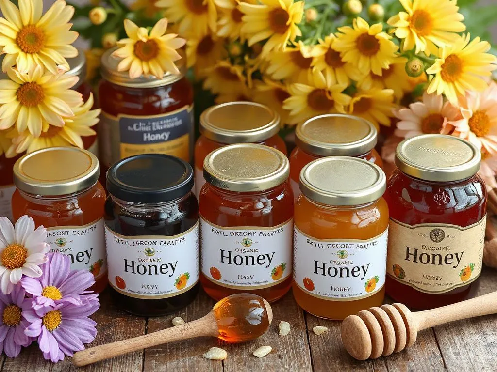 High-quality image of various honey jars with different colors, showing raw and organic honey options, surrounded by flowers and wooden honey dippers, photorealistic, bright and natural lighting.