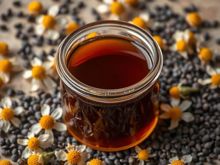 High-quality image of Black Seed Honey in a glass jar, dark amber color, rich texture, surrounded by Nigella sativa flowers, photorealistic, professional lighting