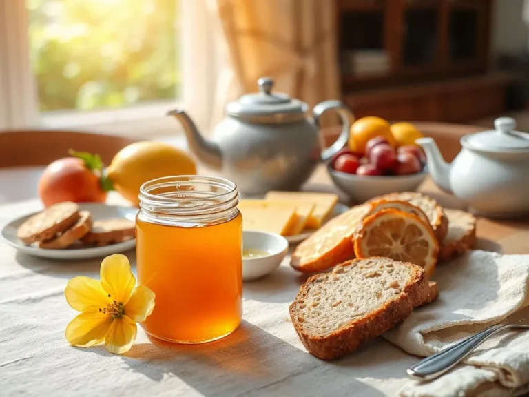 Photorealistic image of a sunny breakfast table set with citrus blossom honey, fresh fruits, whole-grain bread, cheese, and a pot of tea. Includes a jar of light golden honey with a citrus blossom next to it, high quality, natural lighting, inviting and healthy atmosphere.