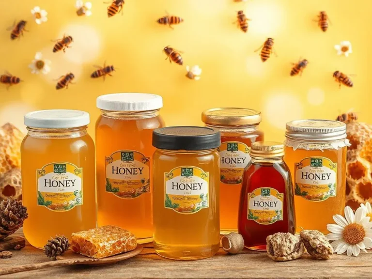 A variety of honey types displayed artistically with honeycombs, flowers, and bees in the background, photorealistic, high quality, natural setting