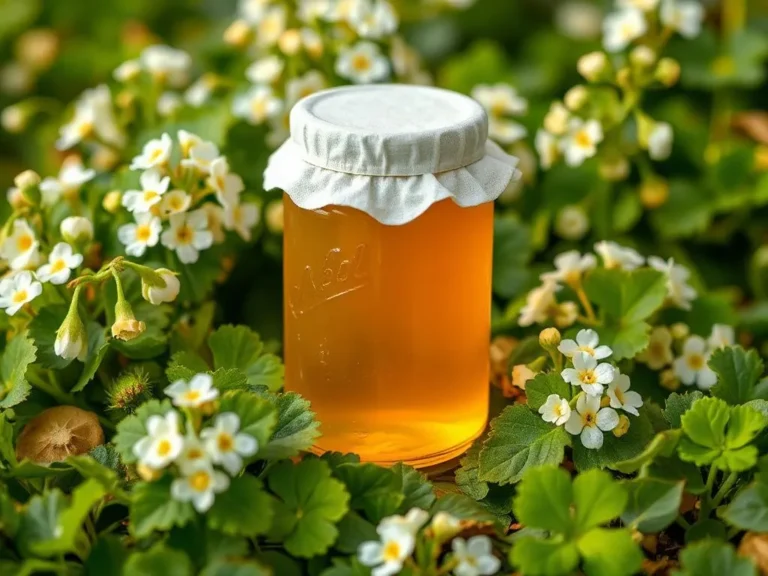 A jar of clover honey surrounded by clover flowers, showcasing its pure and versatile nature, photorealistic, high quality, warm lighting