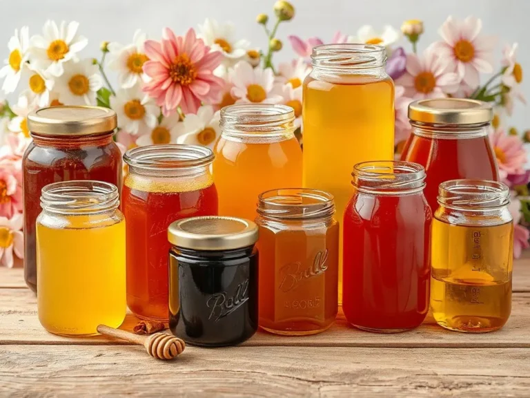 A variety of jars filled with different types of honey, photorealistic, high quality, arranged on a wooden table with flowers in the background, showcasing natural and healthy ingredients