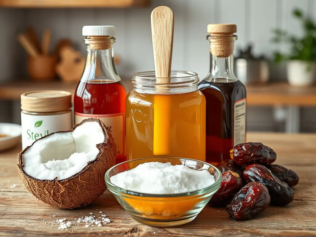 A detailed and photorealistic image showcasing an array of sweeteners. Include a jar of honey prominently in the center, surrounded by coconut sugar in a small bowl, a container of stevia, a maple syrup bottle, and some dates next to a syrup container. The background should depict a cozy kitchen setting to convey a natural and homely atmosphere.