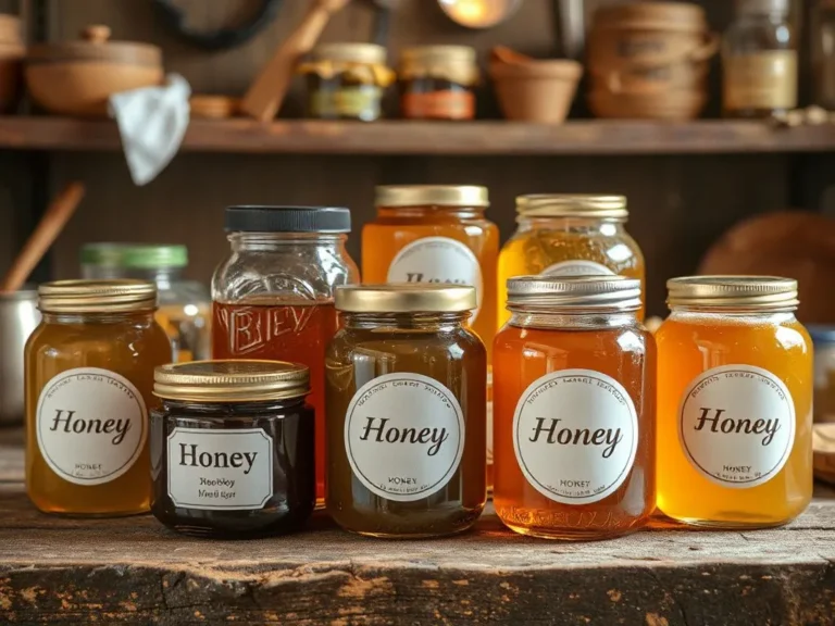 A collection of honey jars with labels removed, showcasing various types of honey in a rustic kitchen setting, photorealistic, high quality, warm lighting.