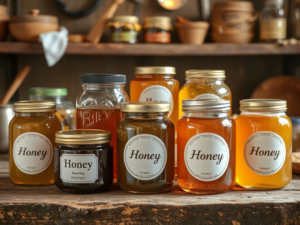 A collection of honey jars with labels removed, showcasing various types of honey in a rustic kitchen setting, photorealistic, high quality, warm lighting.