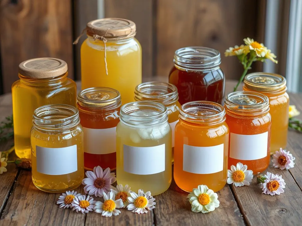 Several varieties of honey jars, each with different colors and liquid textures, displayed elegantly on a wooden table with flowers around, photorealistic, high quality