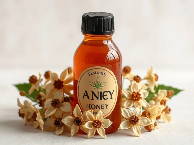 A bottle of anise flower honey with anise flowers around it, photorealistic, high quality, natural lighting, detailed textures, with a clean and natural background.