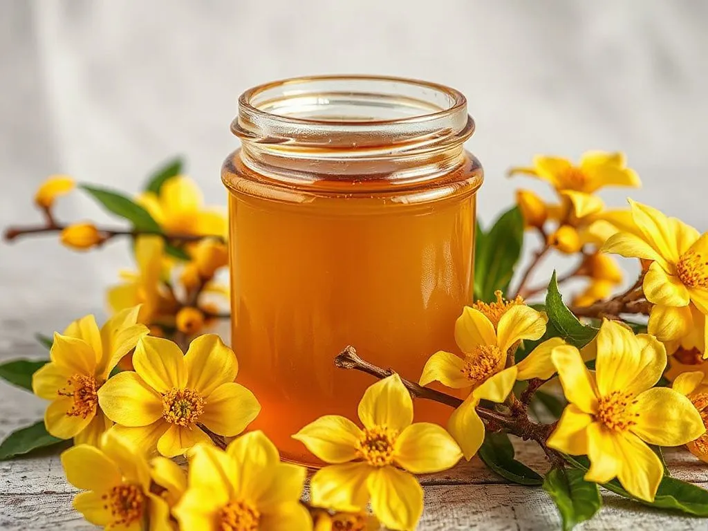 Photorealistic image of a glass jar containing golden acacia honey, surrounded by acacia flowers, high quality, natural lighting