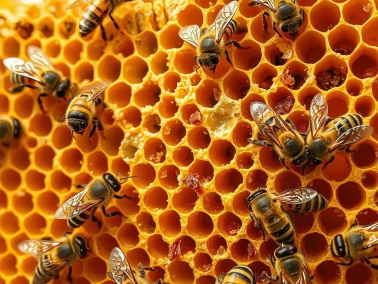 Close-up of a honeycomb with golden hues, bees around it, in a natural setting, photorealistic, high quality, detailed